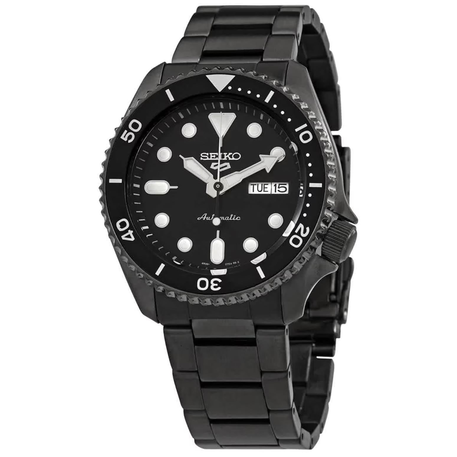 Seiko SRPD65K1 mens automatic dive watch with black dial, luminous markers, day date display and black stainless steel bracelet