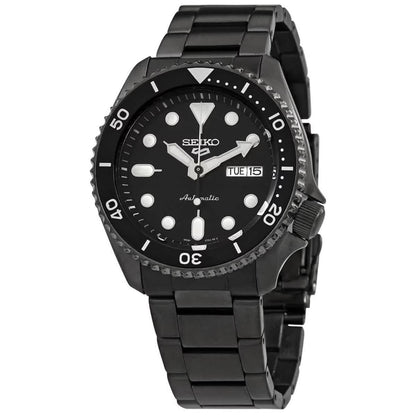 Seiko SRPD65K1 mens automatic dive watch with black dial, luminous markers, day date display and black stainless steel bracelet