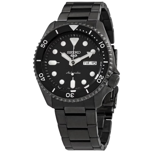 Seiko SRPD65K1 mens automatic dive watch with black dial, luminous markers, day date display and black stainless steel bracelet