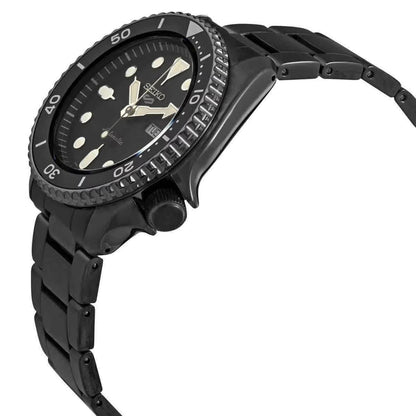 Seiko SRPD65K1 mens automatic dive watch angled side view showing black case, rotating bezel and stainless steel bracelet