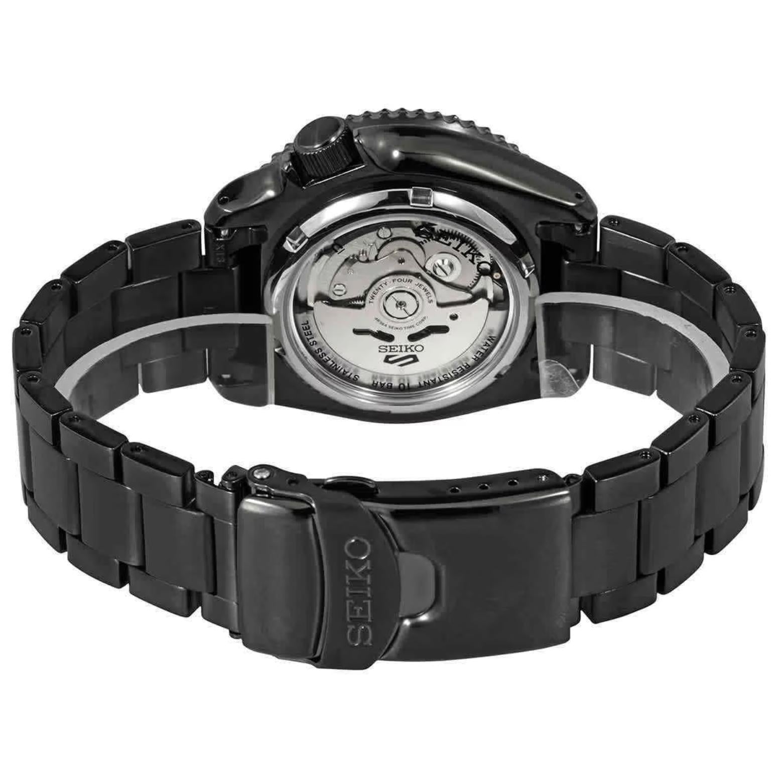 Seiko SRPD65K1 rear view showing exhibition caseback with automatic movement and black stainless steel bracelet with clasp