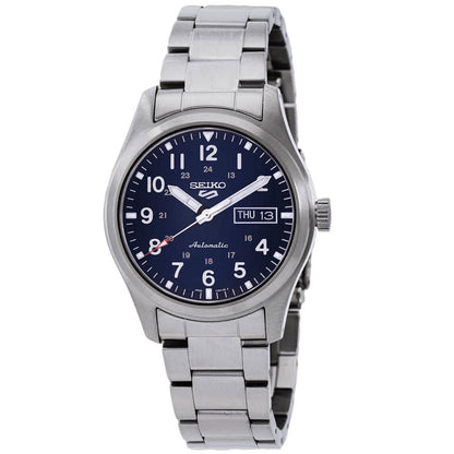 Seiko SRPG29K1 mens automatic field watch with blue dial, Arabic numerals, day date display and stainless steel bracelet