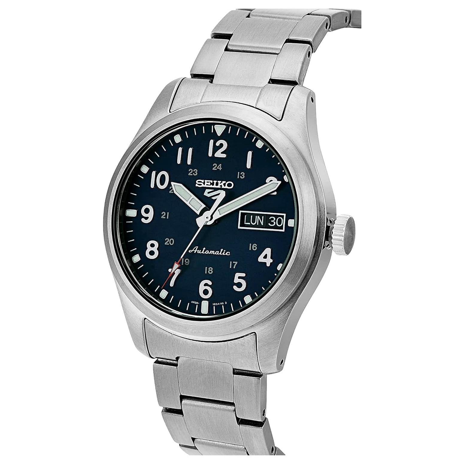 Seiko SRPG29K1 mens automatic field watch angled view with blue dial, Arabic numerals, day date display and stainless steel bracelet