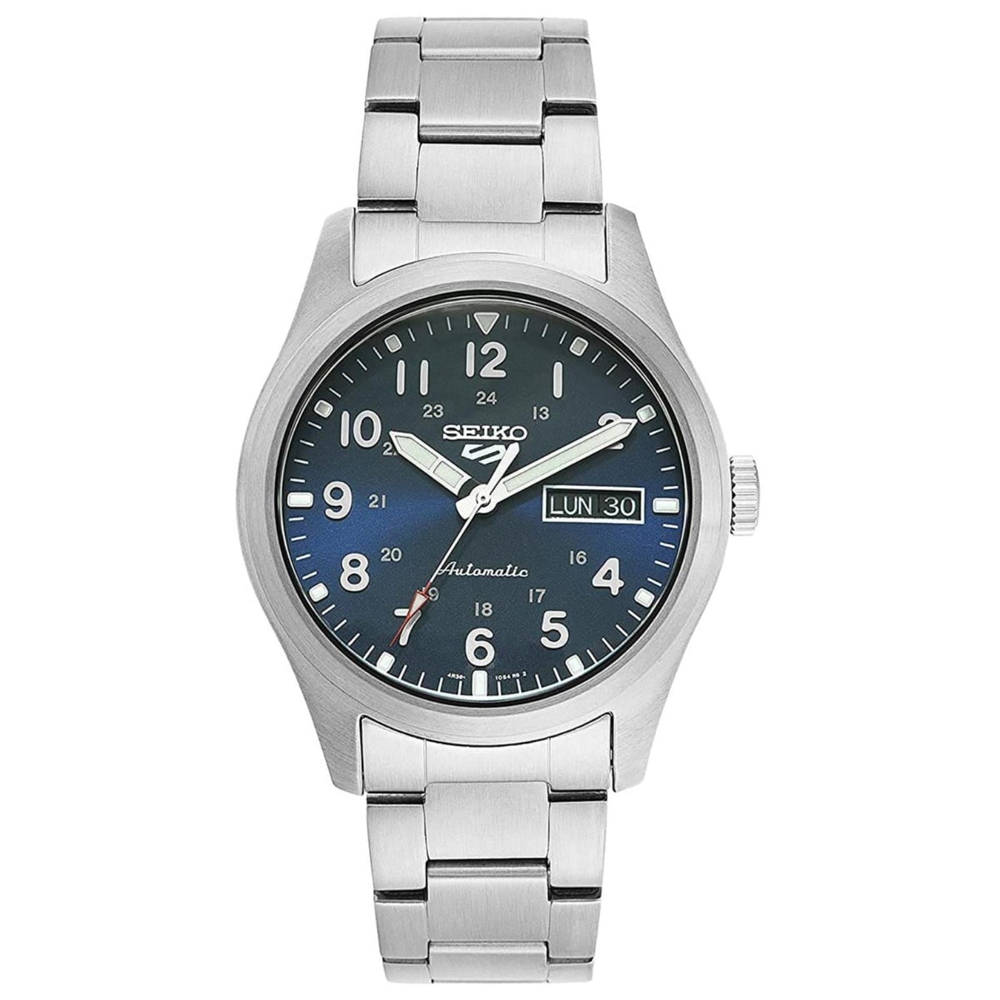 Seiko SRPG29K1 mens automatic field watch front view with blue dial, Arabic numerals, day date display and stainless steel bracelet