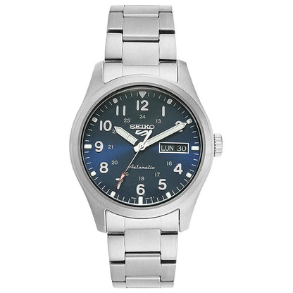 Seiko SRPG29K1 mens automatic field watch front view with blue dial, Arabic numerals, day date display and stainless steel bracelet