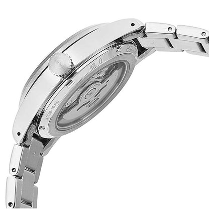 Seiko SRPG29K1 rear view showing exhibition caseback with automatic movement and stainless steel bracelet
