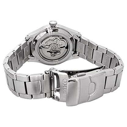 Seiko SRPG29K1 rear view showing exhibition caseback and stainless steel bracelet with open fold over clasp