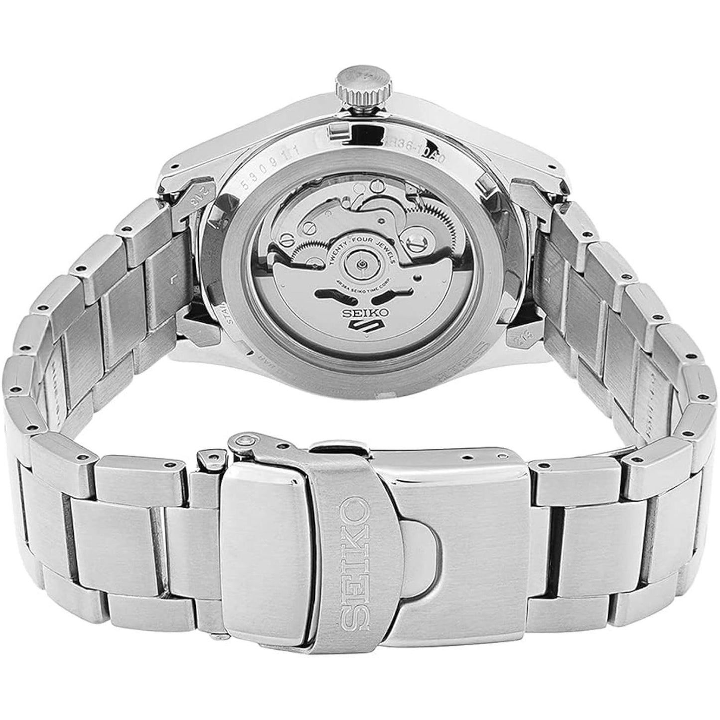 Seiko SRPG29K1 rear detail showing exhibition caseback with automatic movement and stainless steel bracelet with clasp