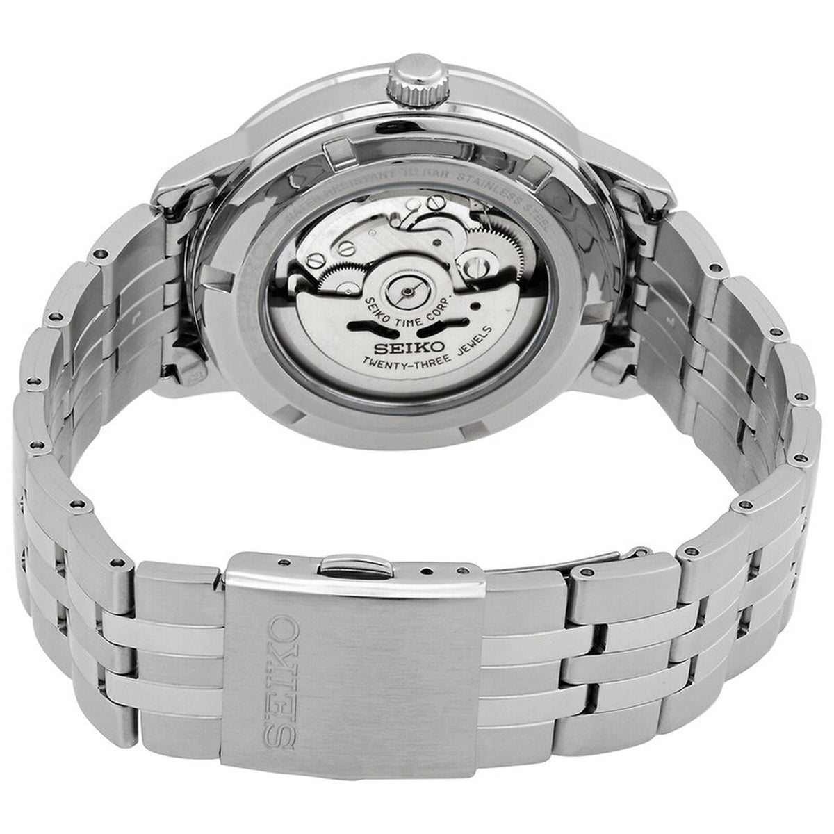 Exhibition caseback and stainless steel bracelet clasp of the Seiko Essentials SRPH85K1 automatic watch