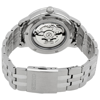 Exhibition caseback and stainless steel bracelet clasp of the Seiko Essentials SRPH85K1 automatic watch