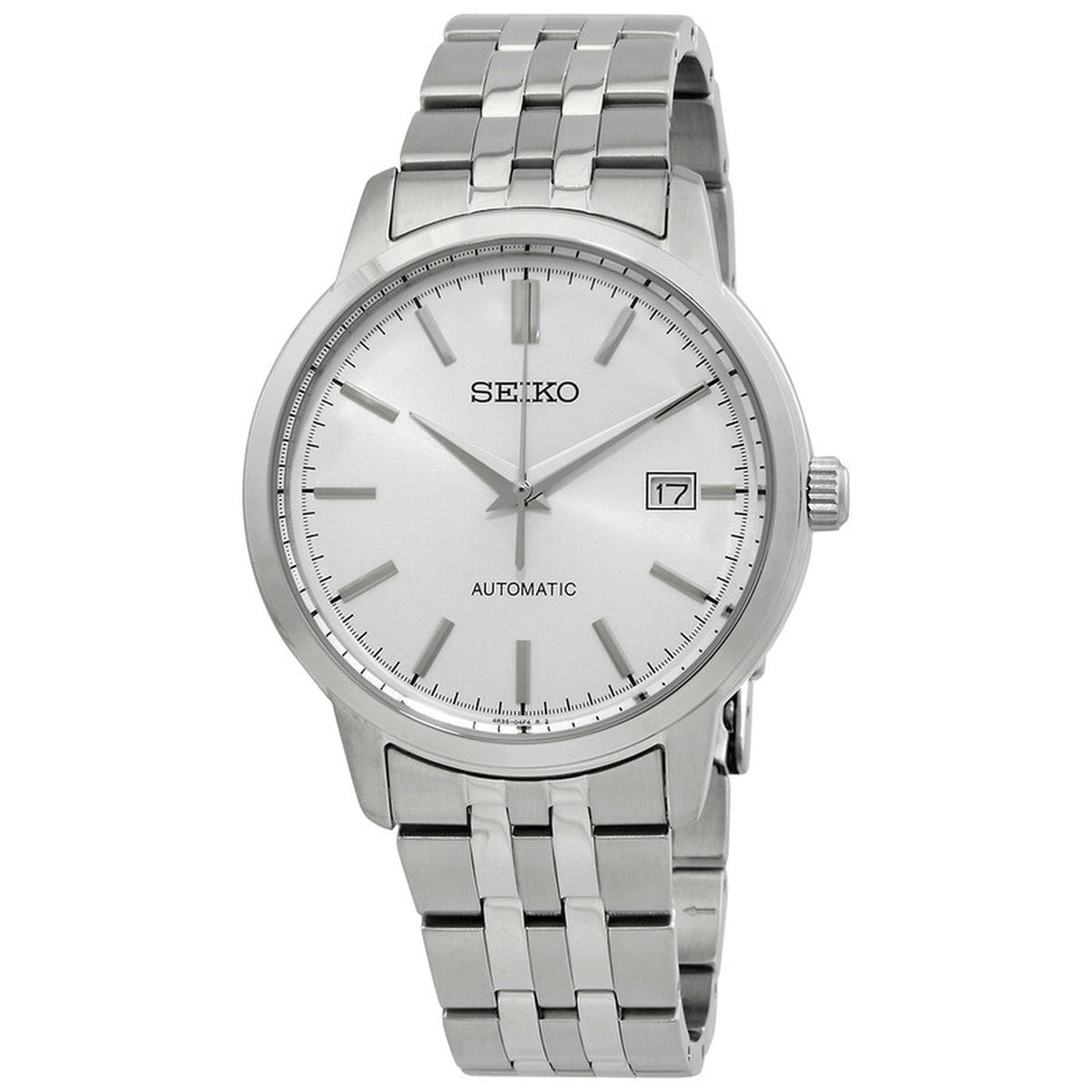Seiko Essentials SRPH85K1 automatic watch with silver sunburst dial and multi-row stainless steel bracelet