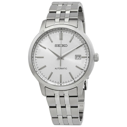 Seiko Essentials SRPH85K1 automatic watch with silver sunburst dial and multi-row stainless steel bracelet