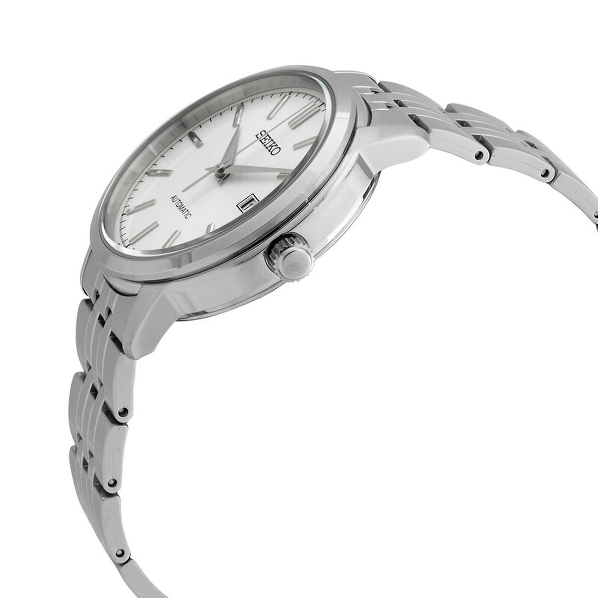 Profile view of the Seiko Essentials SRPH85K1 men's watch showing the stainless steel case and crown