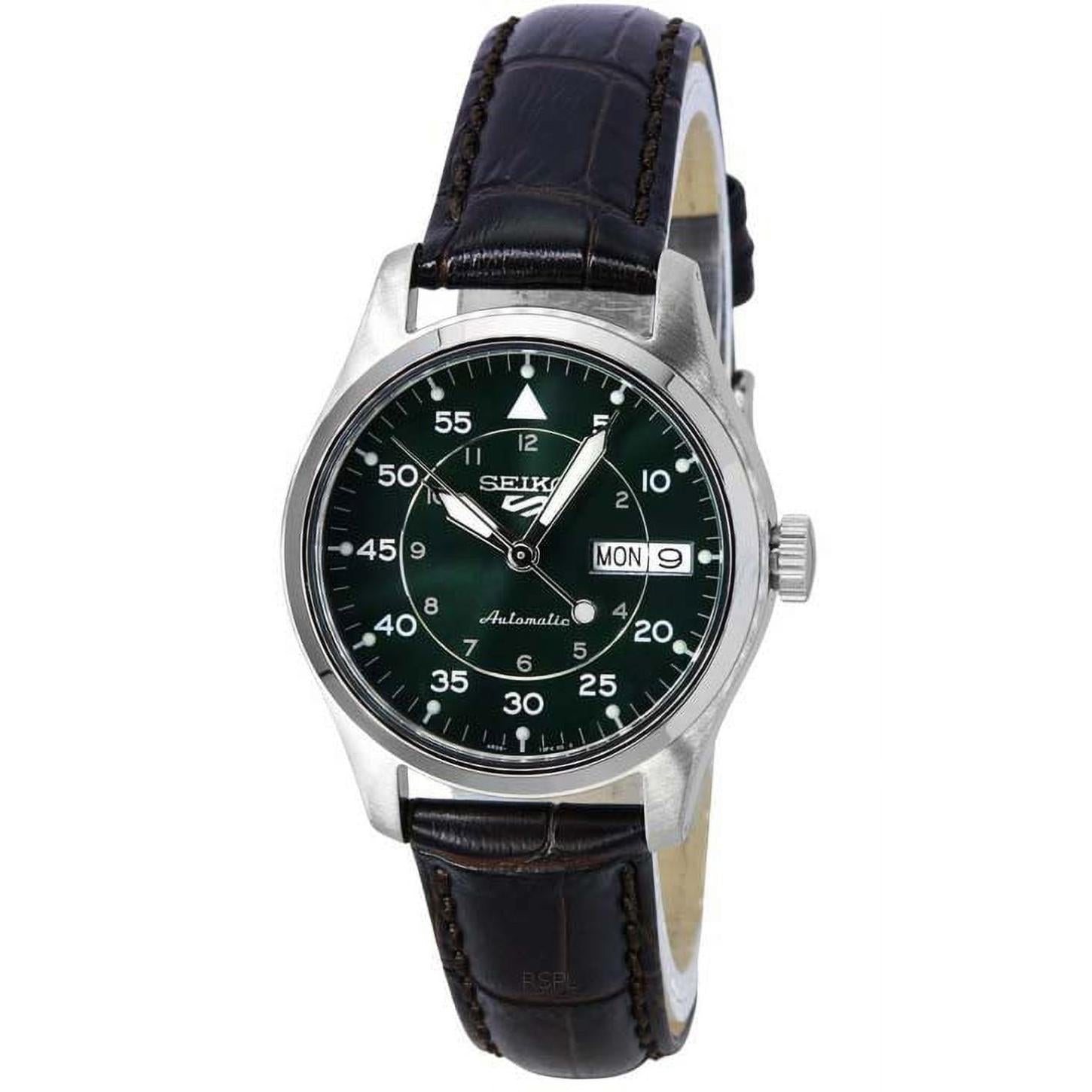 Seiko SRPJ89K1 mens automatic field watch with green dial, Arabic numerals, day date display and brown leather strap