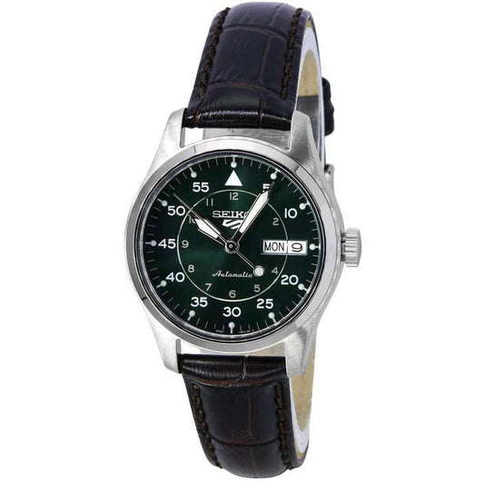 Seiko SRPJ89K1 mens automatic field watch with green dial, Arabic numerals, day date display and brown leather strap