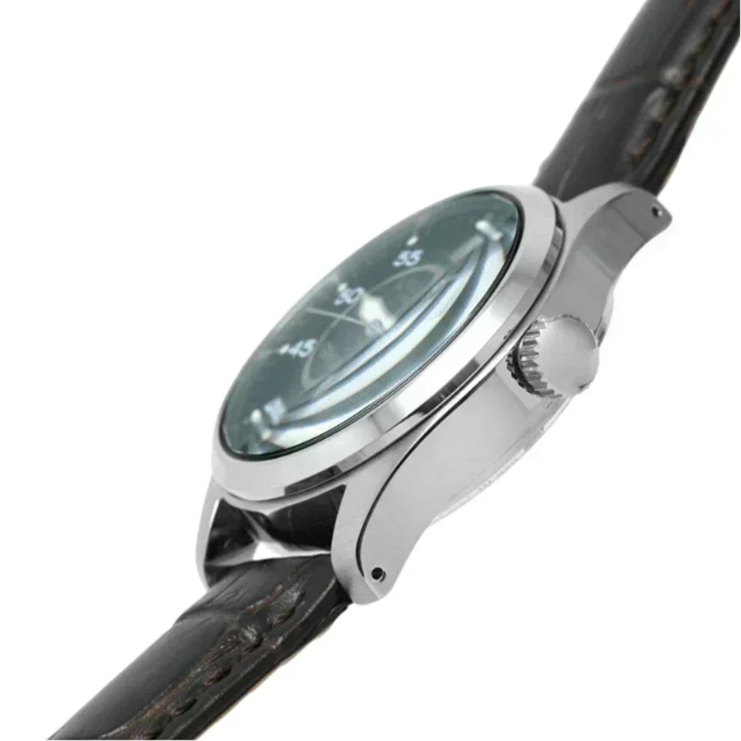 Seiko SRPJ89K1 mens automatic field watch side profile showing stainless steel case, crown and domed crystal with leather strap