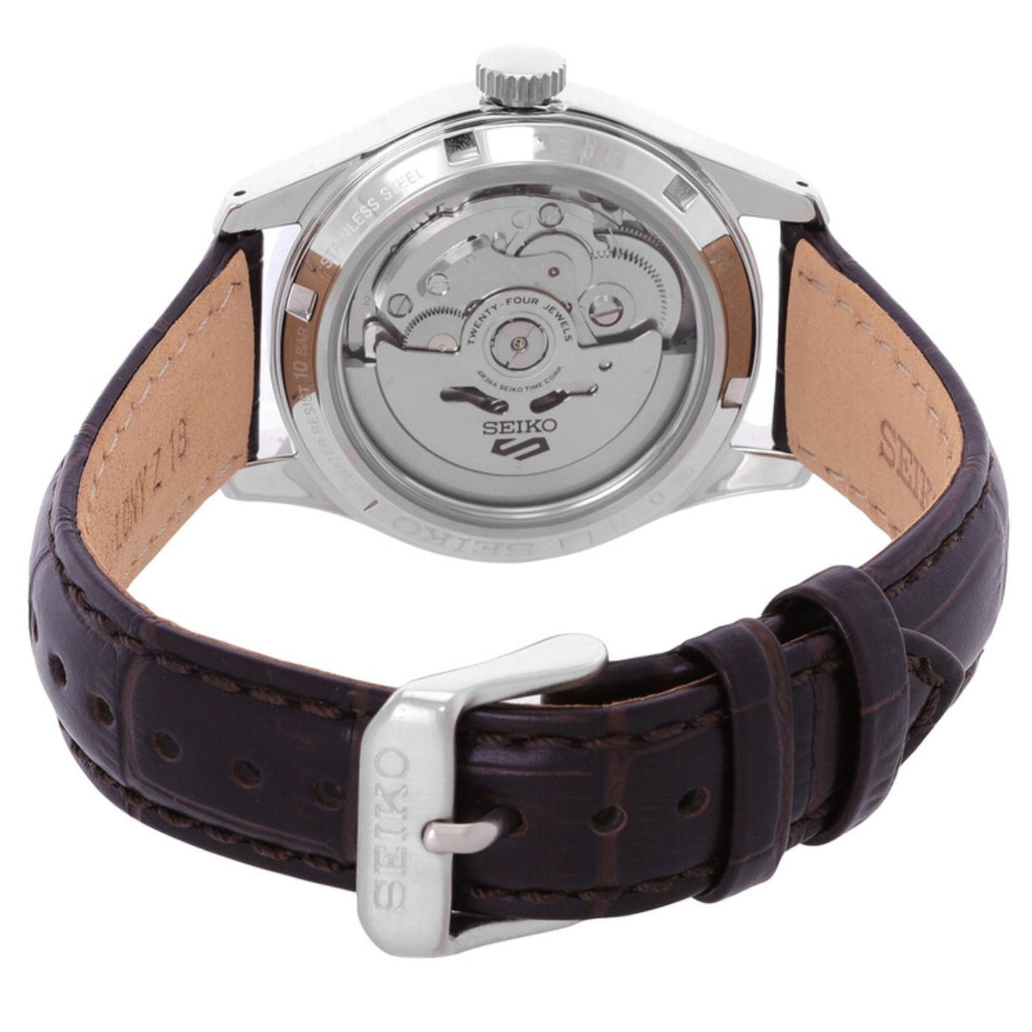Seiko SRPJ89K1 rear view showing exhibition caseback with automatic movement and brown leather strap with buckle