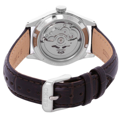 Seiko SRPJ89K1 rear view showing exhibition caseback with automatic movement and brown leather strap with buckle