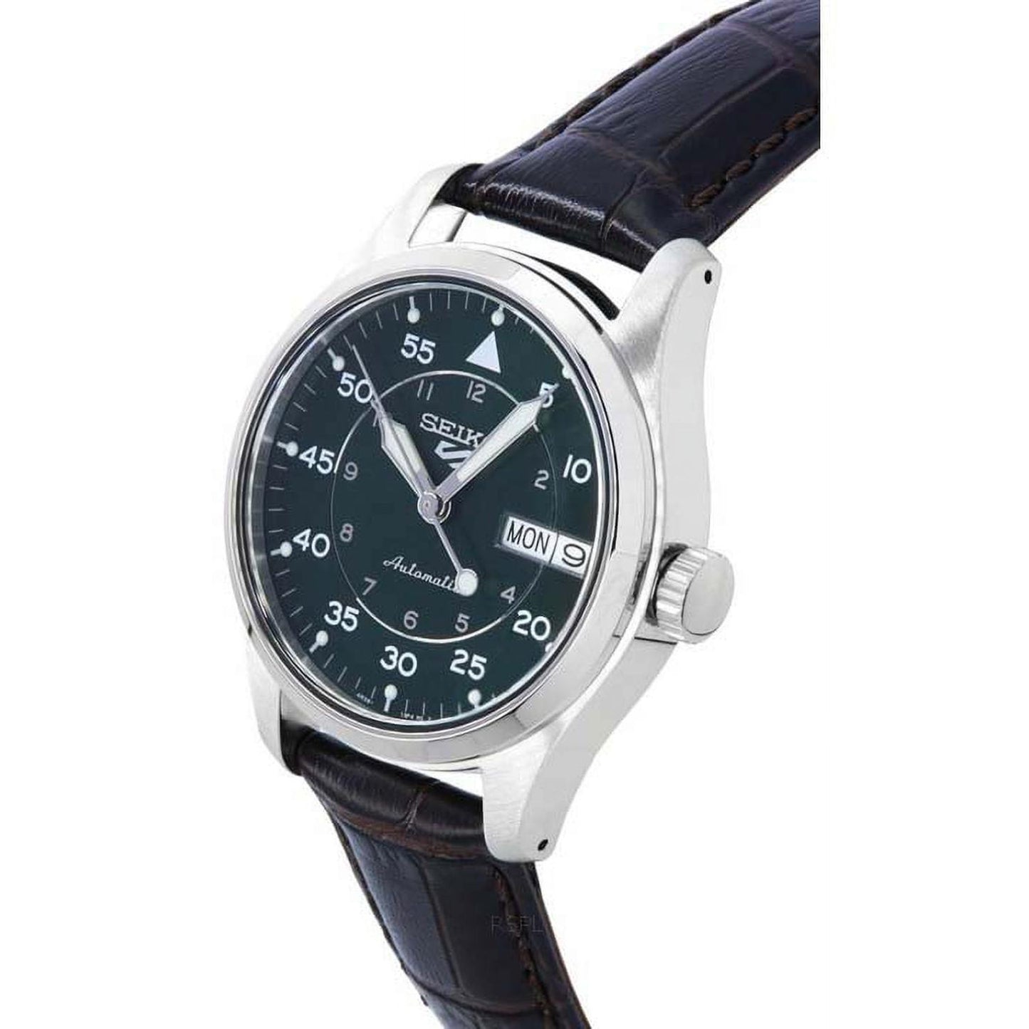 Seiko SRPJ89K1 mens automatic field watch angled view with green dial, day date display and brown leather strap