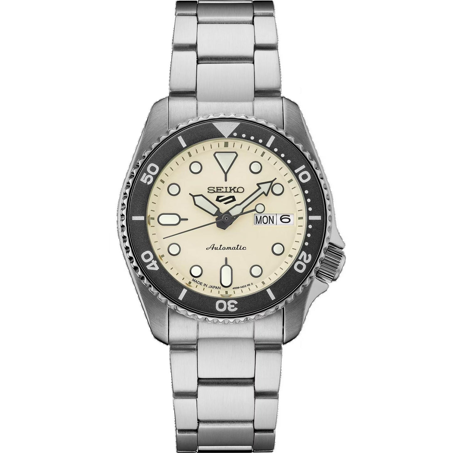 Seiko SRPK31 automatic dive watch with cream dial, luminous markers, rotating bezel, day and date display, stainless steel case and stainless steel bracelet.