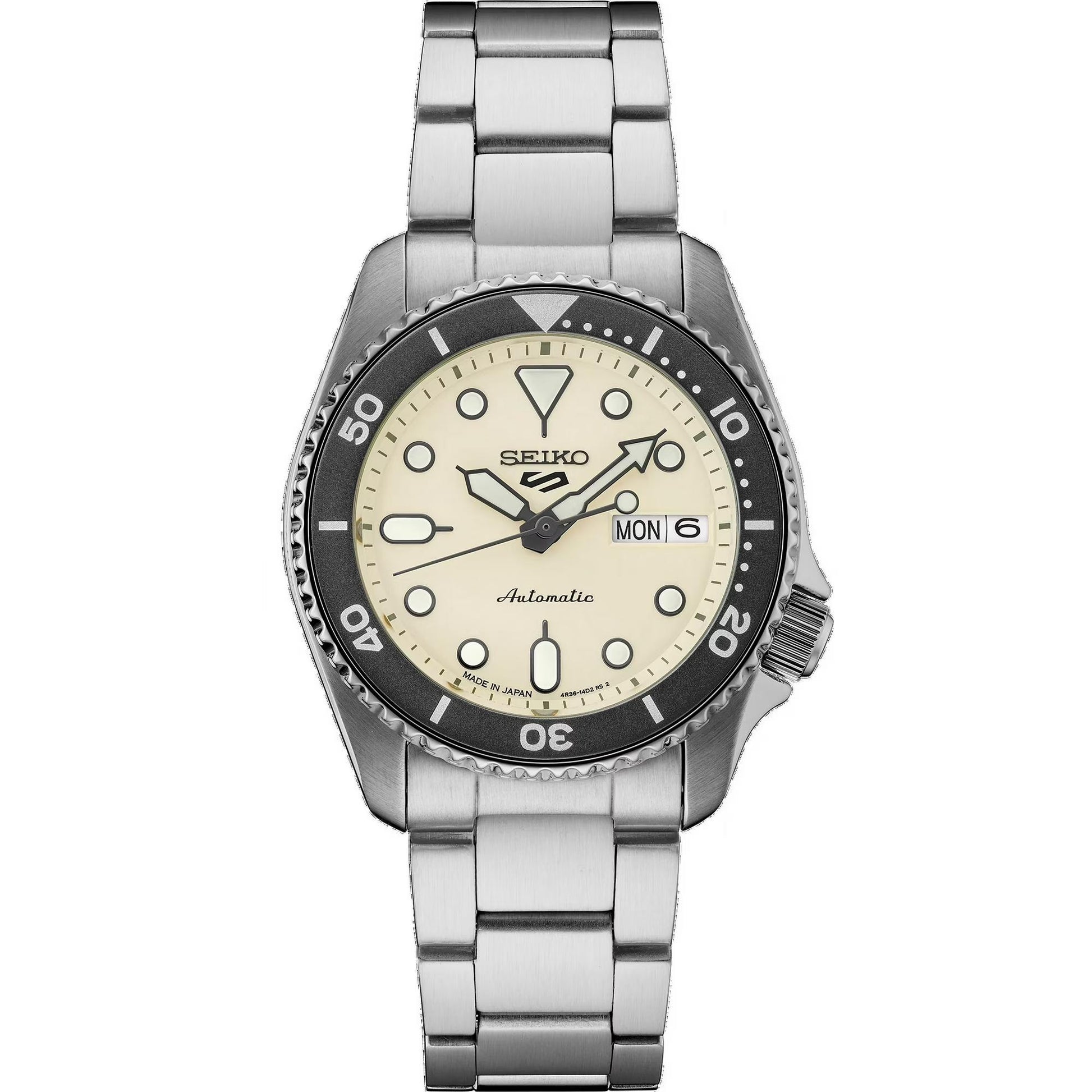 Seiko SRPK31 automatic dive watch with cream dial, luminous markers, rotating bezel, day and date display, stainless steel case and stainless steel bracelet.