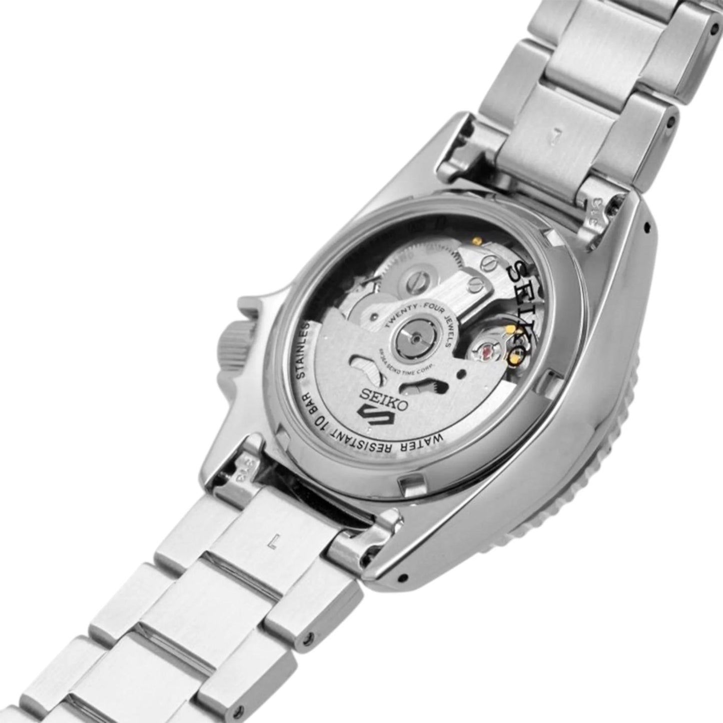 Seiko SRPK31 automatic dive watch with exhibition caseback showing the automatic movement, stainless steel case and stainless steel bracelet.