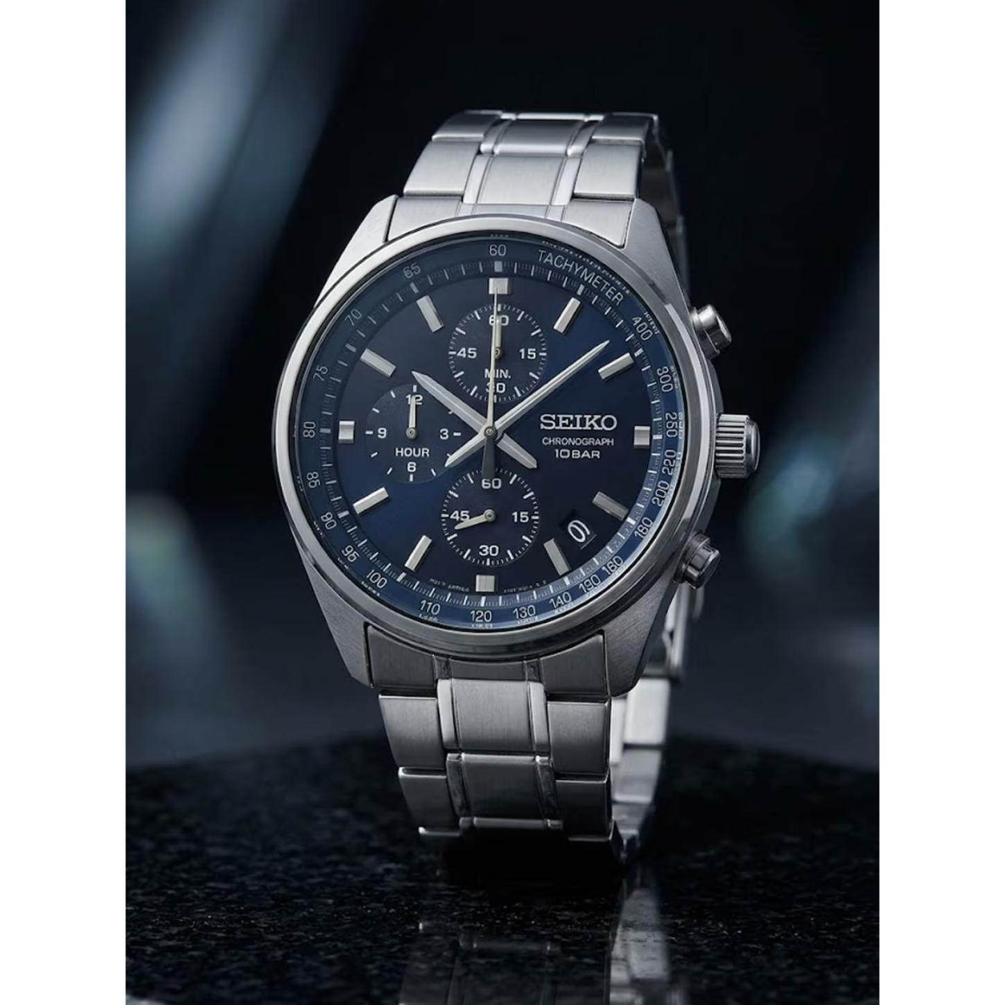 Seiko SSB377P1 sport chronograph displayed against a dark background, featuring a blue sunray dial, three chronograph subdials, tachymeter scale, date display, and stainless steel bracelet.