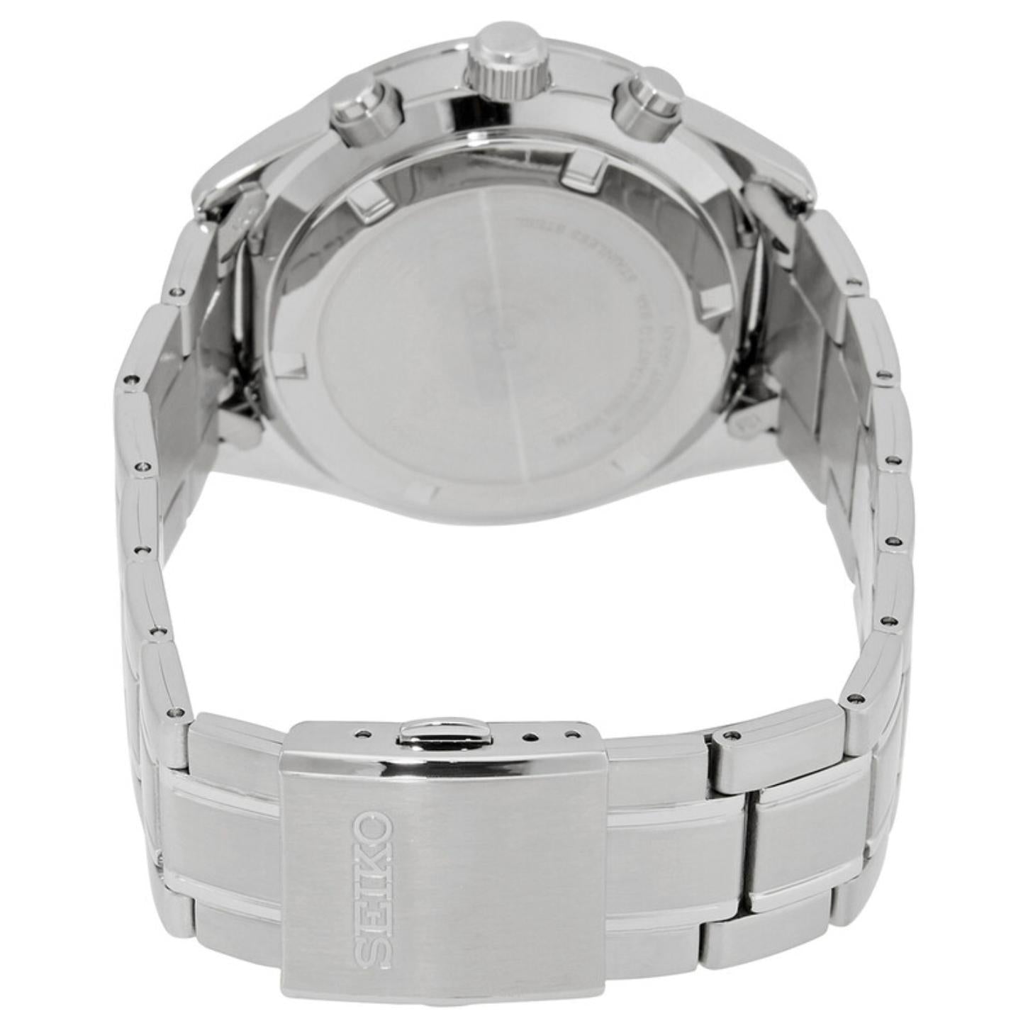 Rear view of the Seiko SSB377P1 sport chronograph showing the caseback, crown, chronograph pushers, stainless steel bracelet, and Seiko-branded clasp.