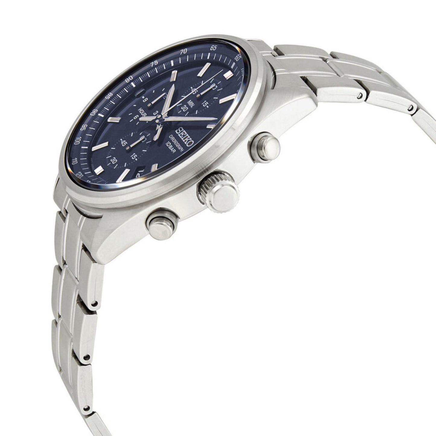 Side profile of the Seiko SSB377P1 sport chronograph showing the blue sunray dial, crown, chronograph pushers, stainless steel case, and bracelet.