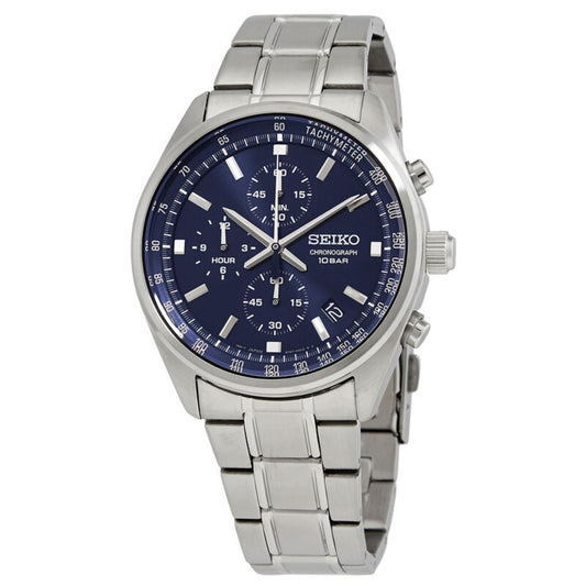 Seiko SSB377P1 sport chronograph watch featuring a blue sunray dial, three chronograph subdials, tachymeter scale, date display, and stainless steel bracelet.