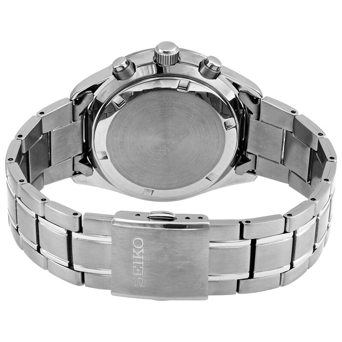 Seiko SSB379 chronograph watch showing the stainless steel caseback, multi-link bracelet, and signed deployment clasp.
