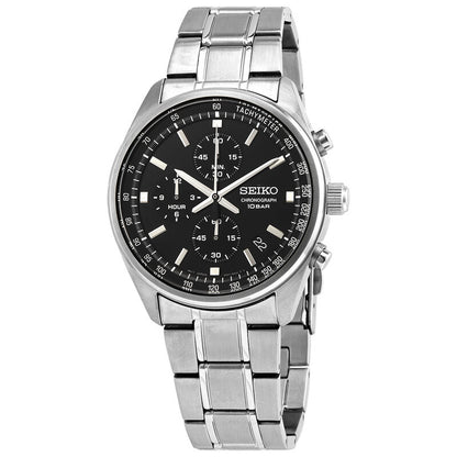 Seiko SSB379 men's quartz chronograph watch with a black dial, sub-dials, tachymeter bezel, and stainless steel bracelet.
