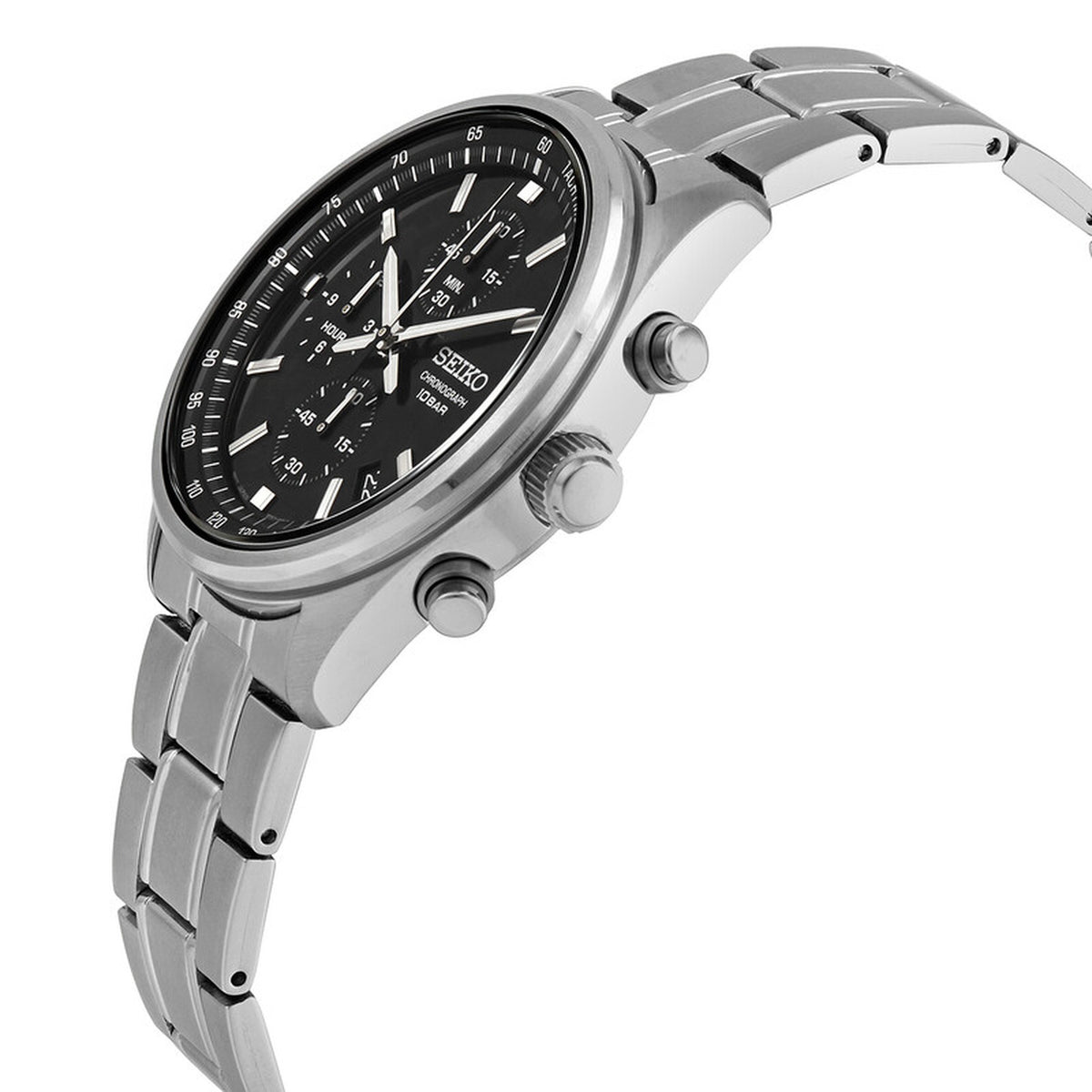 Seiko SSB379 quartz chronograph watch profile showcasing the stainless steel case, crown, chronograph pushers, and black dial.