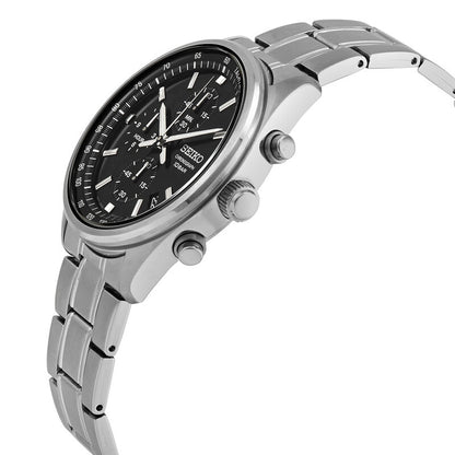Seiko SSB379 quartz chronograph watch profile showcasing the stainless steel case, crown, chronograph pushers, and black dial.