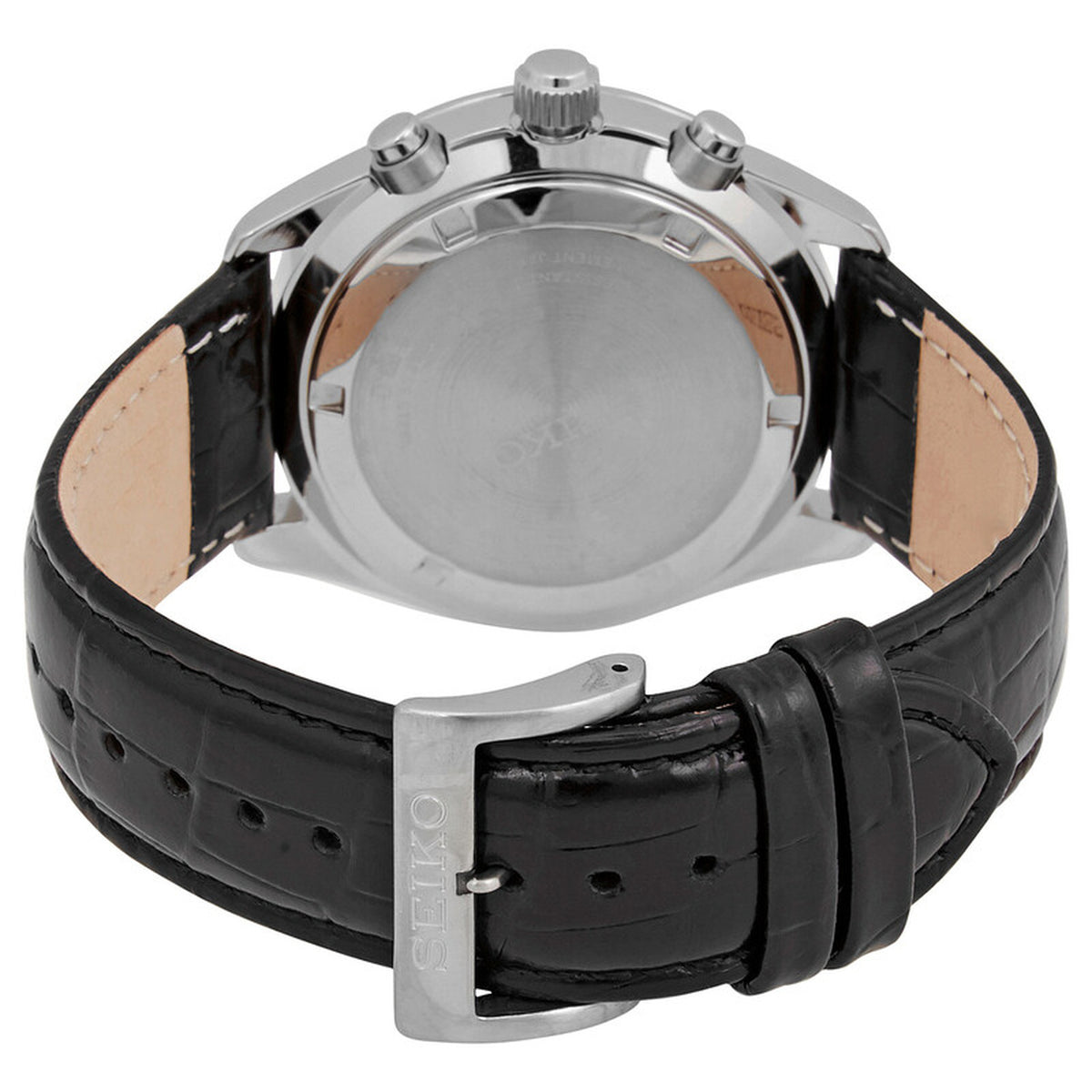 Seiko SSB383 men's chronograph watch showing the stainless steel caseback and black embossed leather strap with a steel pin buckle.
