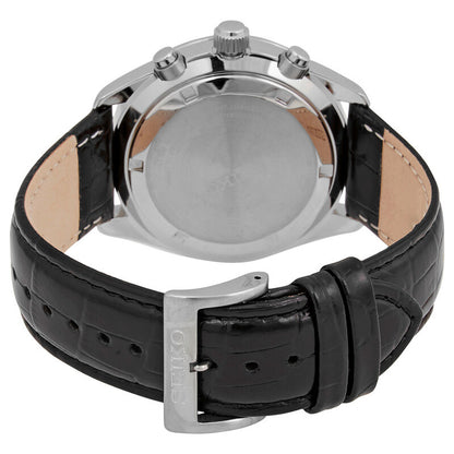 Seiko SSB383 men's chronograph watch showing the stainless steel caseback and black embossed leather strap with a steel pin buckle.