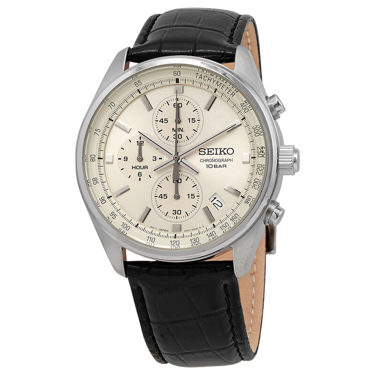Seiko SSB383 men's quartz chronograph watch featuring a champagne dial, three sub-dials, date window, tachymeter bezel, and black leather strap.