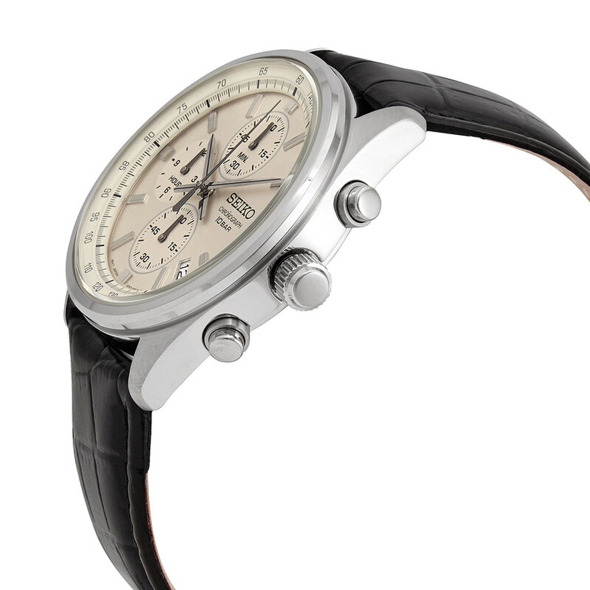Seiko SSB383 men's quartz chronograph watch angled to display the polished stainless steel case, crown, pushers, and champagne dial.