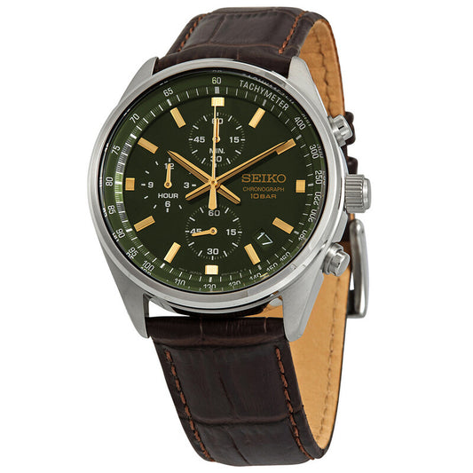 Seiko SSB385 men's quartz chronograph watch featuring a sunburst green dial, gold-tone hour markers and hands, sub-dials, date window, and tachymeter bezel.