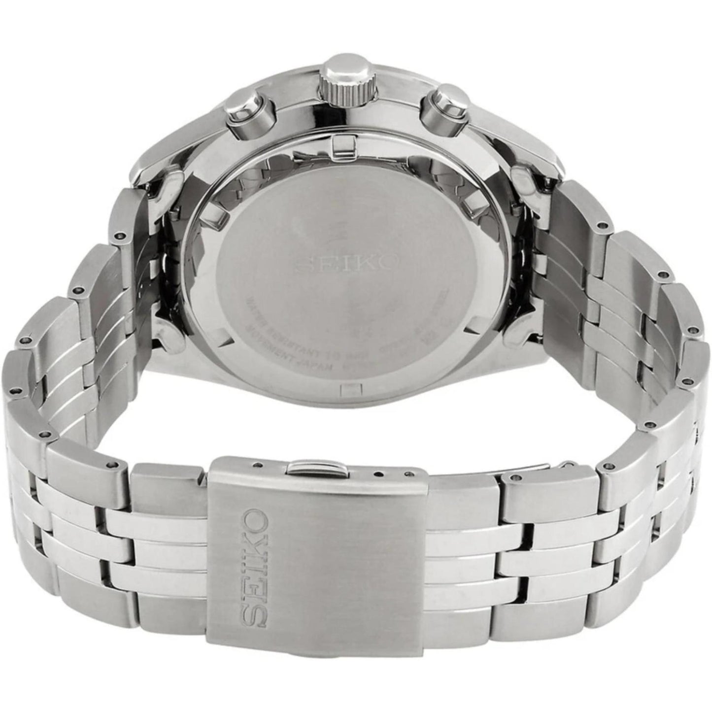 Seiko SSB425P1 with stainless steel caseback, stainless steel case and stainless steel bracelet with folding clasp.