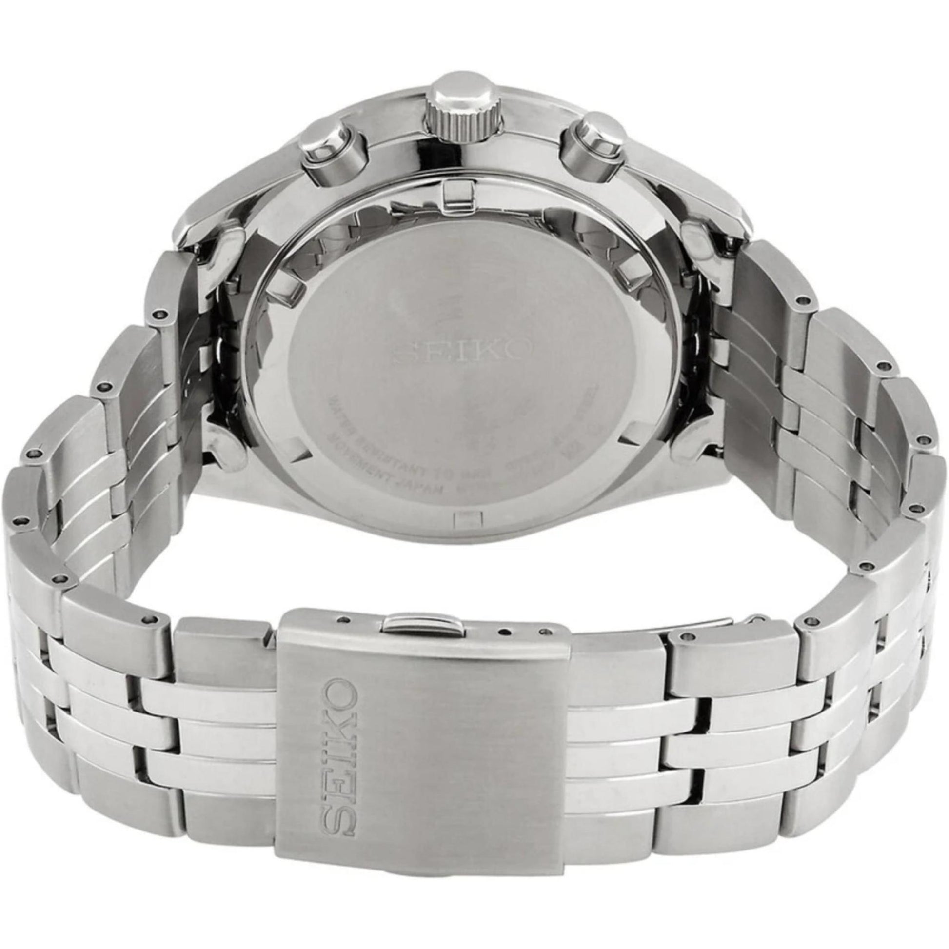 Seiko SSB425P1 with stainless steel caseback, stainless steel case and stainless steel bracelet with folding clasp.