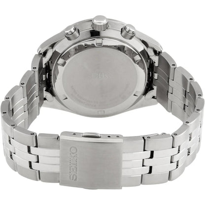 Seiko SSB425P1 with stainless steel caseback, stainless steel case and stainless steel bracelet with folding clasp.