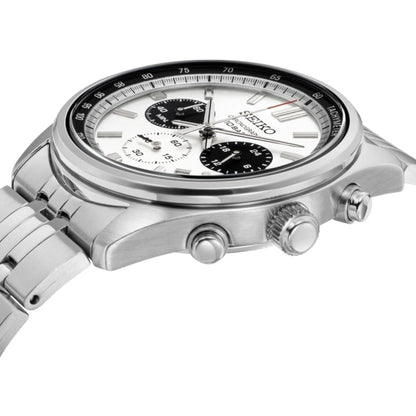 Seiko SSB425P1 close-up of stainless steel case, crown and pushers with white dial and black subdials.