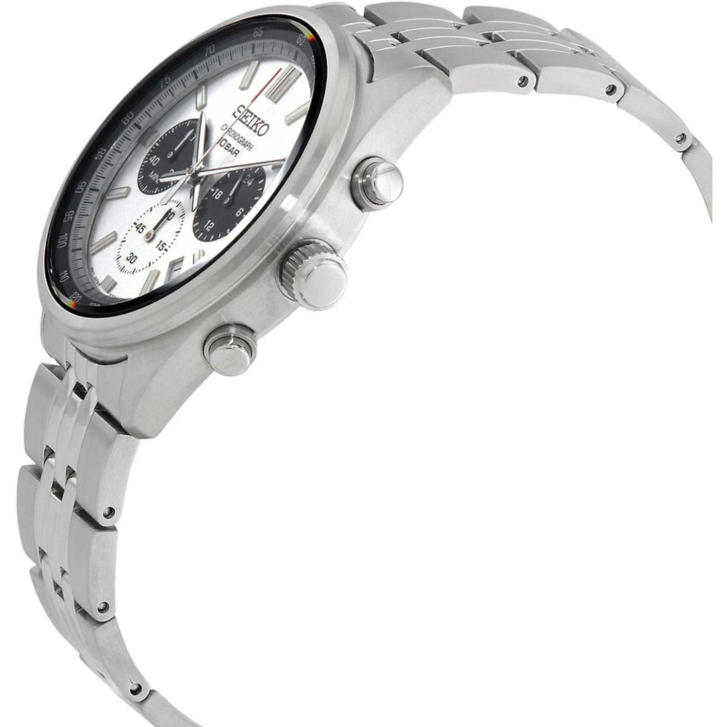 Seiko SSB425P1 side profile with stainless steel case, crown, pushers and stainless steel bracelet.