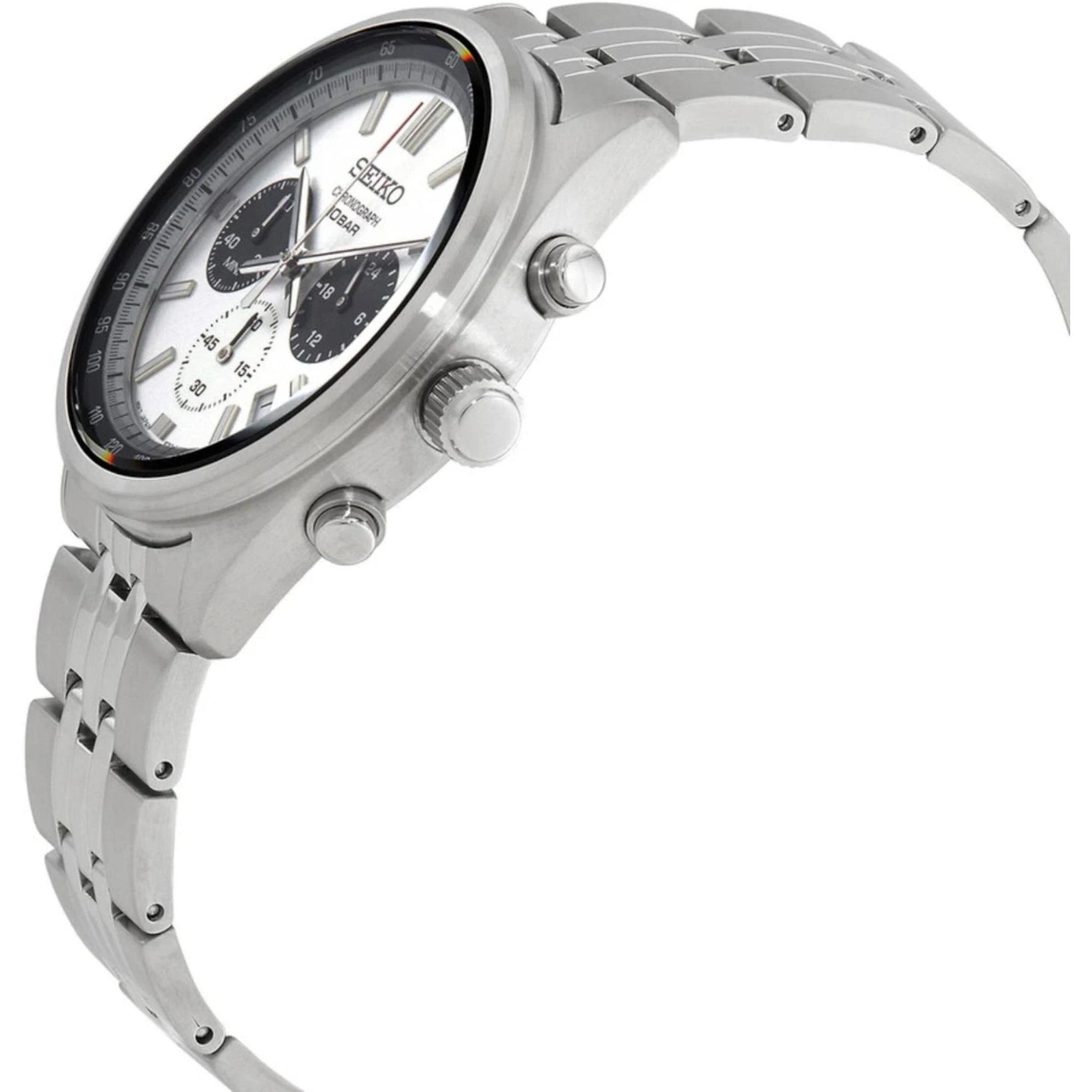 Seiko SSB425P1 side profile with stainless steel case, crown, pushers and stainless steel bracelet.
