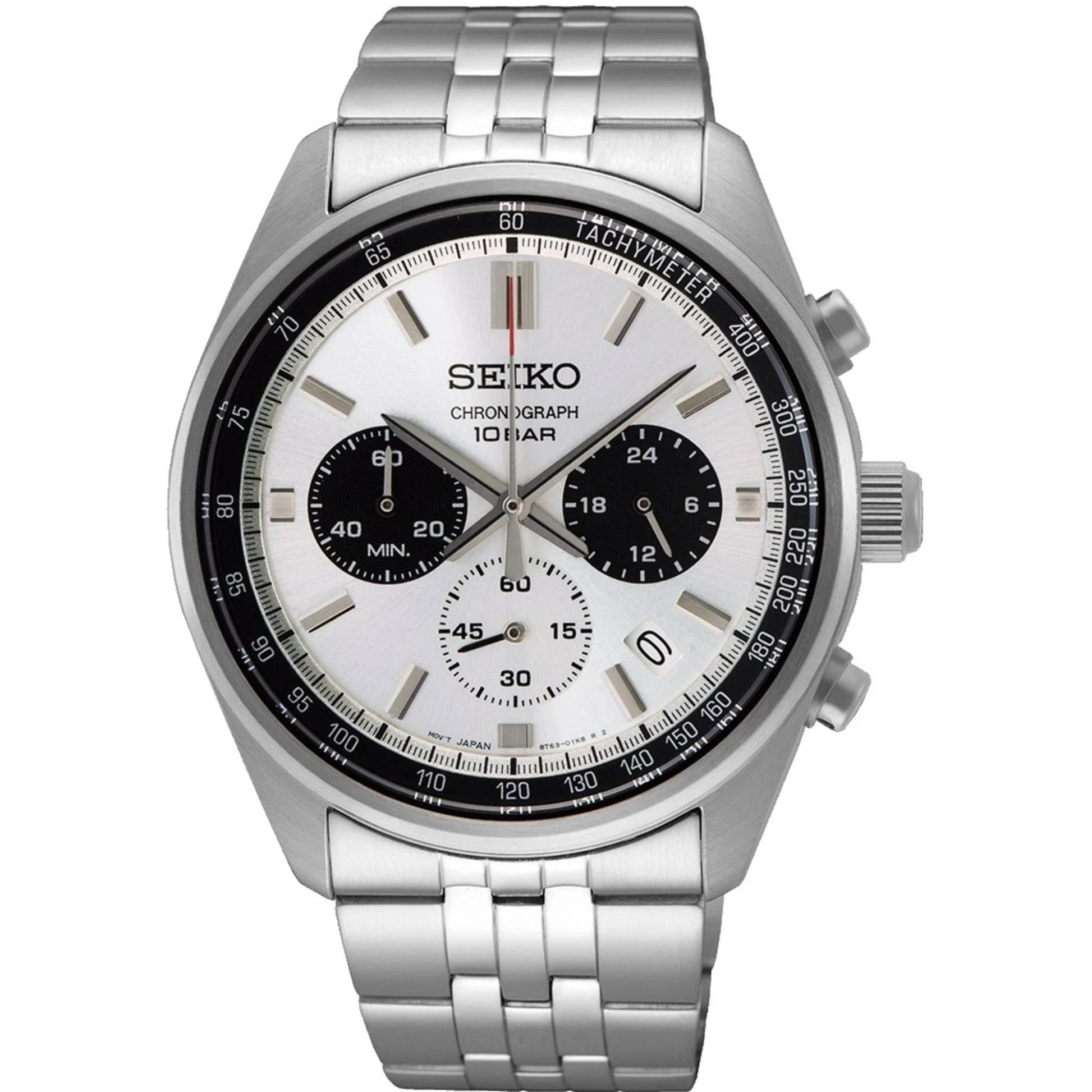Seiko SSB425P1 chronograph watch with white dial, black subdials, tachymeter bezel, stainless steel case and stainless steel bracelet.