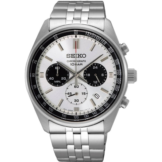 Seiko SSB425P1 chronograph watch with white dial, black subdials, tachymeter bezel, stainless steel case and stainless steel bracelet.