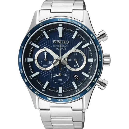 Seiko SSB445P1 chronograph watch with blue dial, subdials, tachymeter bezel, stainless steel case and stainless steel bracelet.