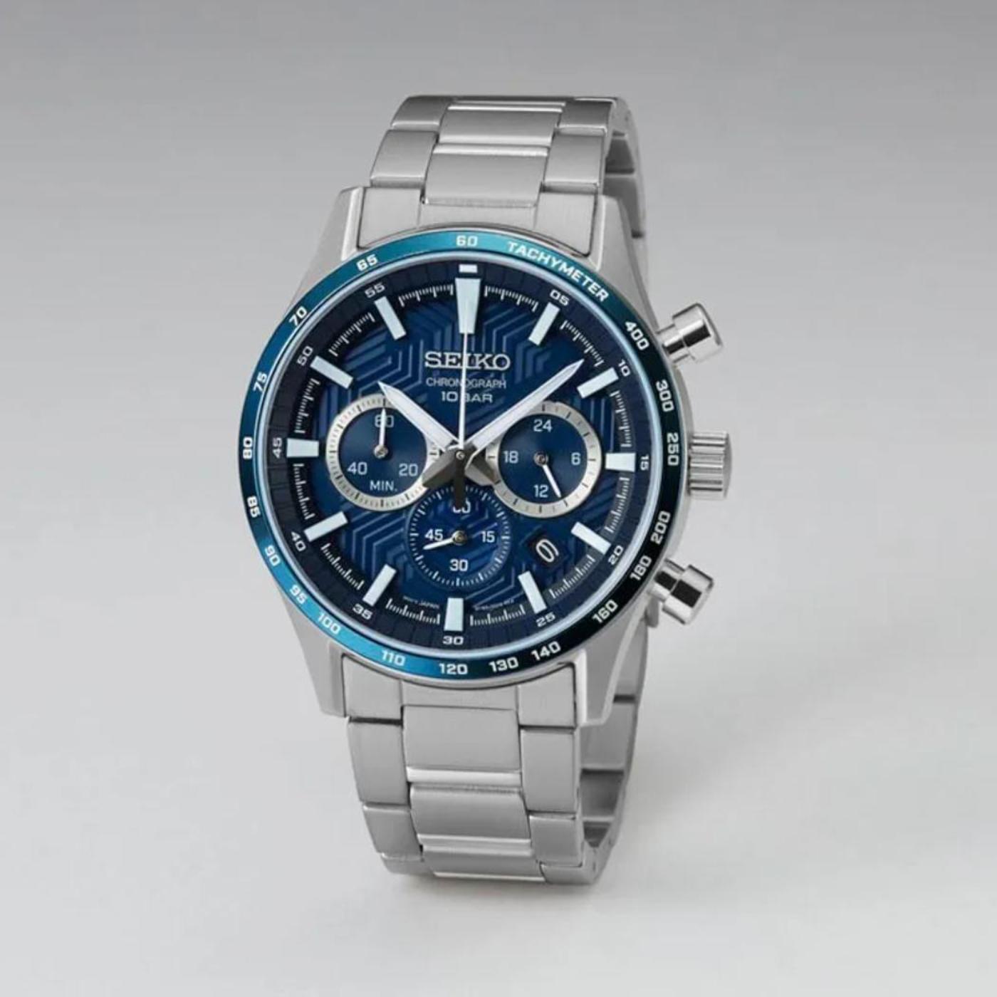 Seiko SSB445P1 chronograph watch with blue dial, subdials, tachymeter bezel and stainless steel bracelet shown at an angle.