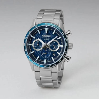 Seiko SSB445P1 chronograph watch with blue dial, subdials, tachymeter bezel and stainless steel bracelet shown at an angle.